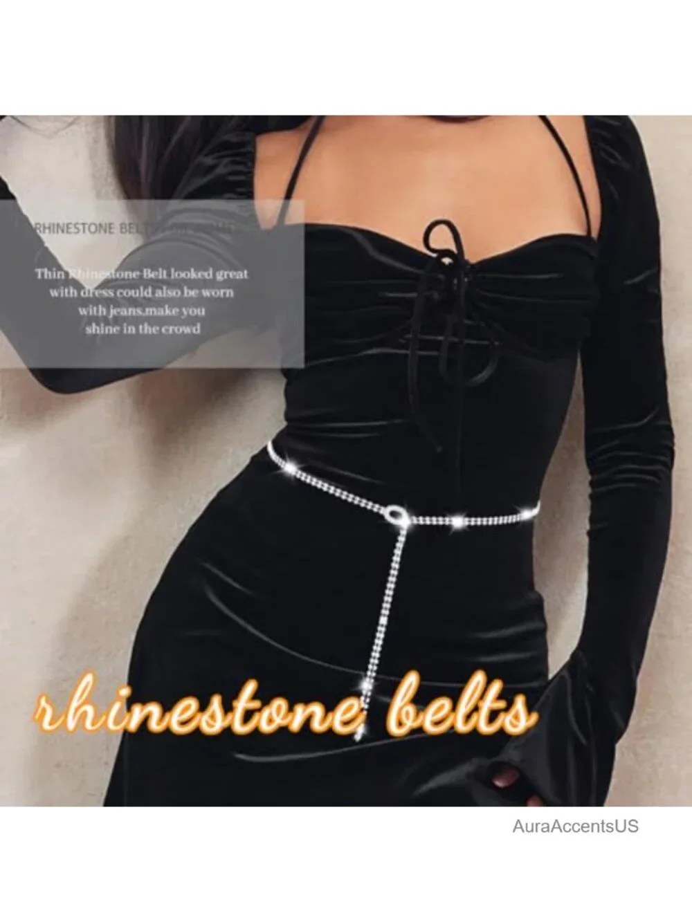 Crystal Chain Belt for Dress Sparkle Thin Rhinestone Belt Hook Buckle Adjustable